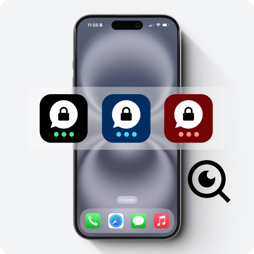Handy mit den 3 Threema-Icons und einer Lupe - symbolisiert Sicherheitsprüfung.