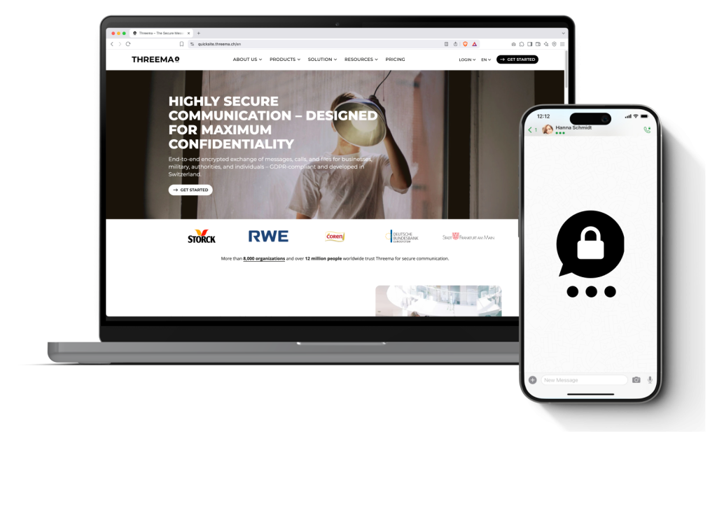 hreema homepage on laptop and Threema logo on smartphone.