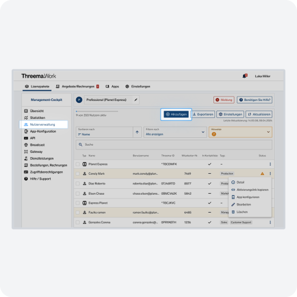 Capture d'écran de l'interface de gestion de Threema Work avec la section de configuration des utilisateurs mise en évidence.