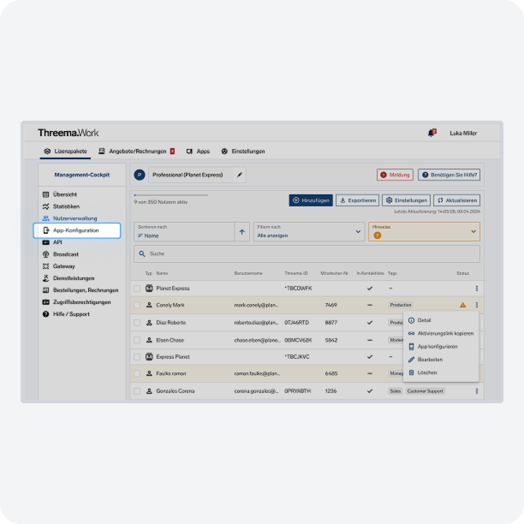 Captura de pantalla del backend de Threema Work con la sección de configuración de la aplicación resaltada.