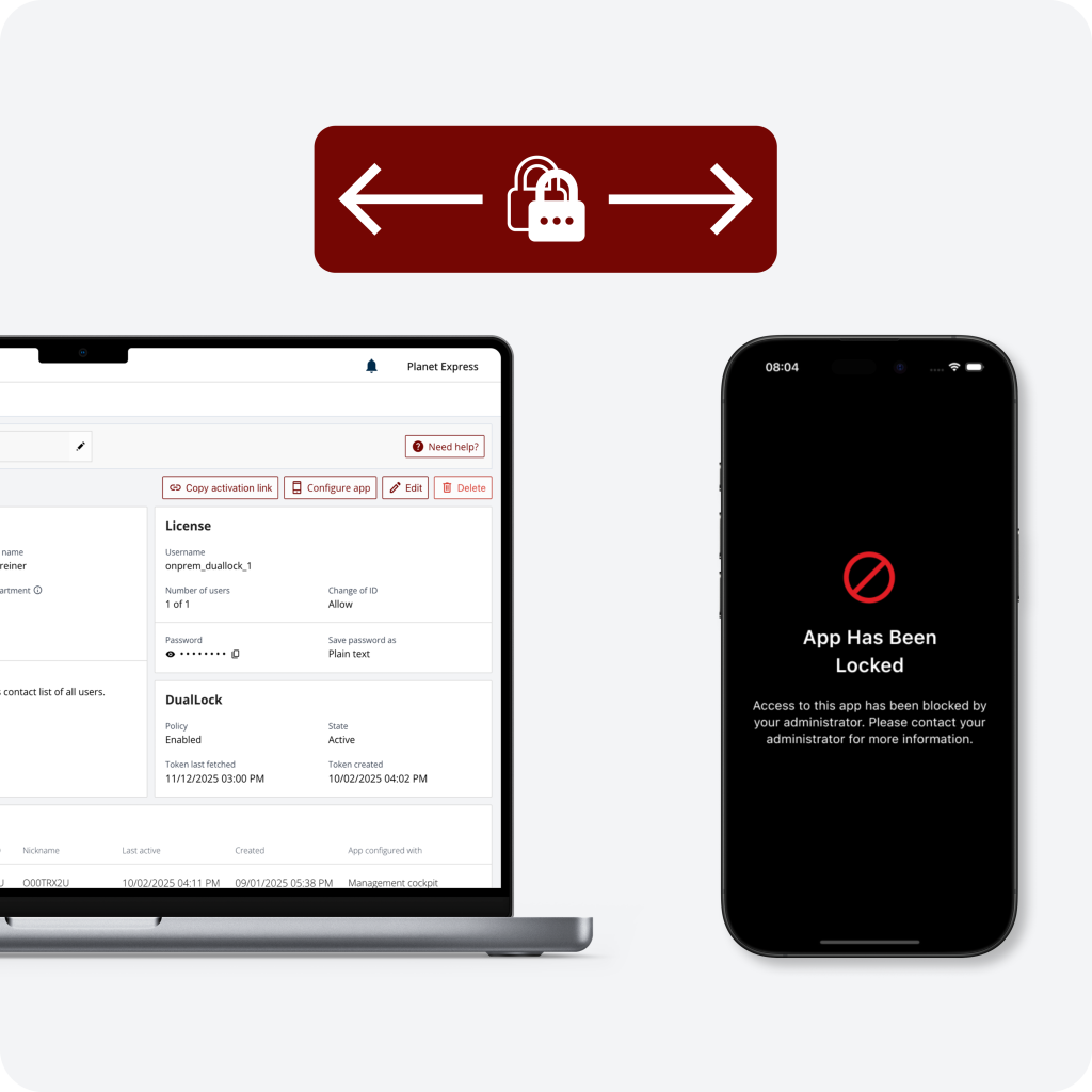 DualLock in Threema OnPrem centrally locks apps, access blocked on smartphone, managed via admin console.