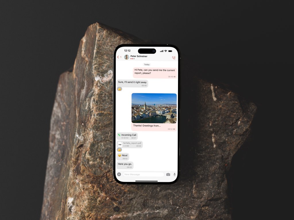 iPhone on a stone with Threema OnPrem chat secured by DualLock.