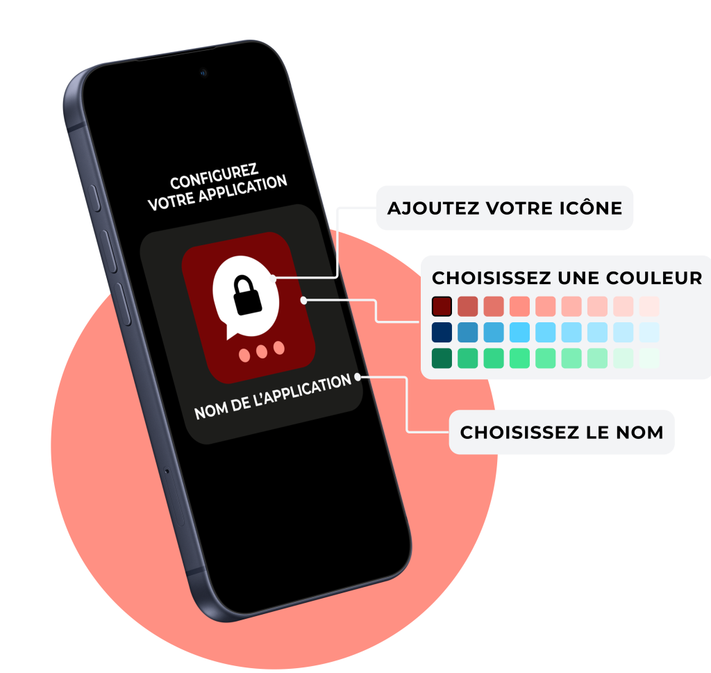 Maquette de smartphone d&rsquo;une app de messagerie en marque blanche avec ic&ocirc;ne, couleurs et nom pour Threema On-Prem.