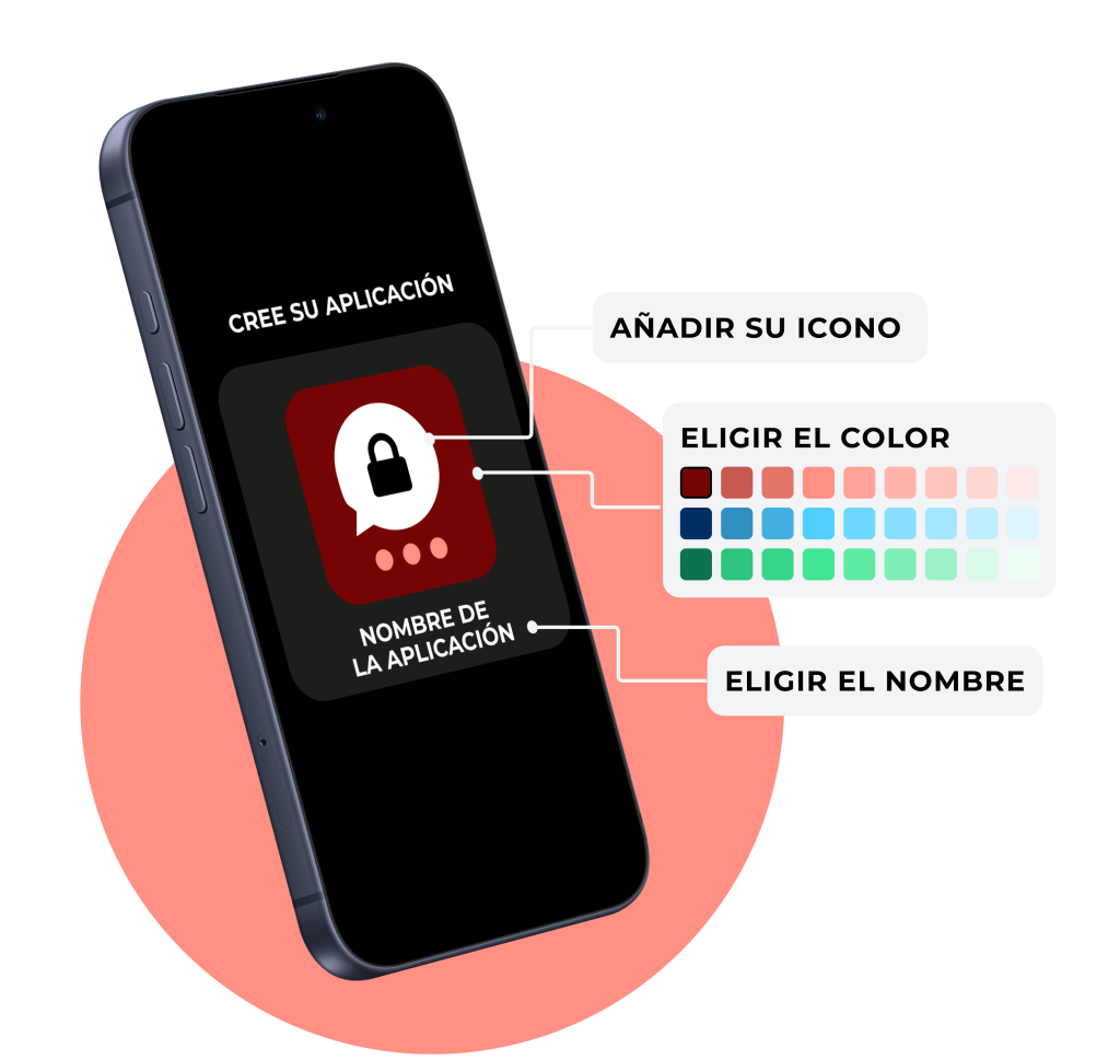 Mockup de smartphone de una app de mensajer&iacute;a white label con icono, colores y nombre para Threema On-Prem.