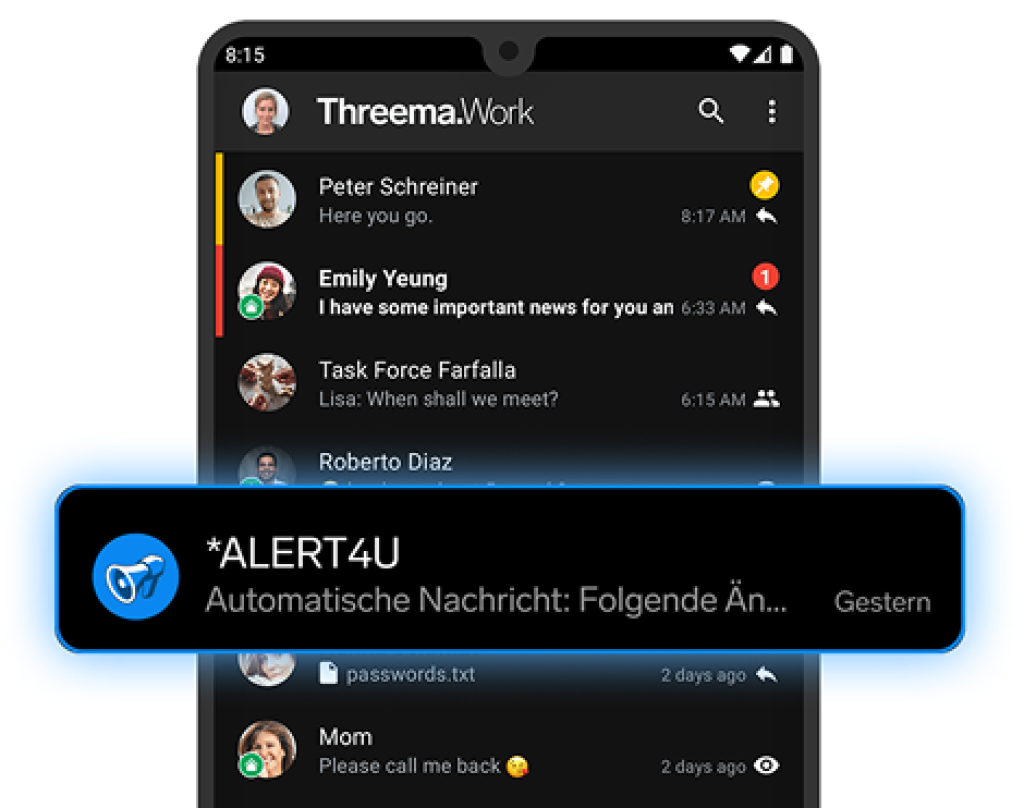 Threema-Broadcast-Chat hervorgehoben vor einer Chat-Oberfläche - symbolisiert Threemas Gateway-Funktion.