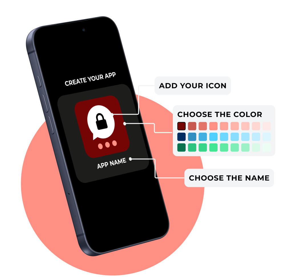 Mockup de smartphone de una app de mensajer&iacute;a white label con icono, colores y nombre para Threema On-Prem.