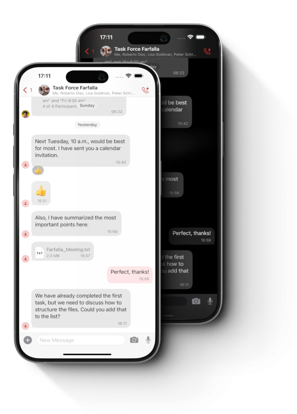 Smartphones mit Threema OnPrem-Chats in Hell- und Dunkelmodus.