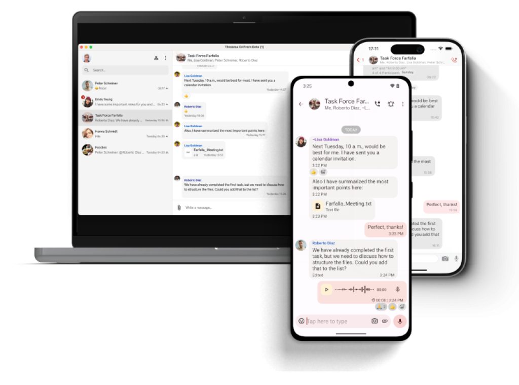 Threema OnPrem chats synced on laptop and smartphones.