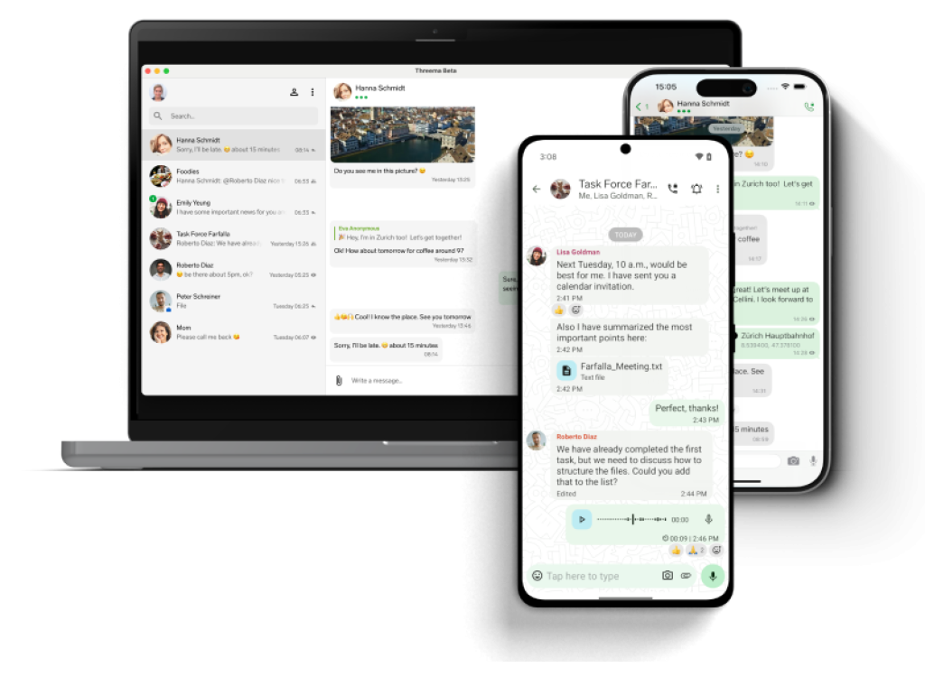 Threema Private-Chats synchronisiert auf Laptop und Smartphones.