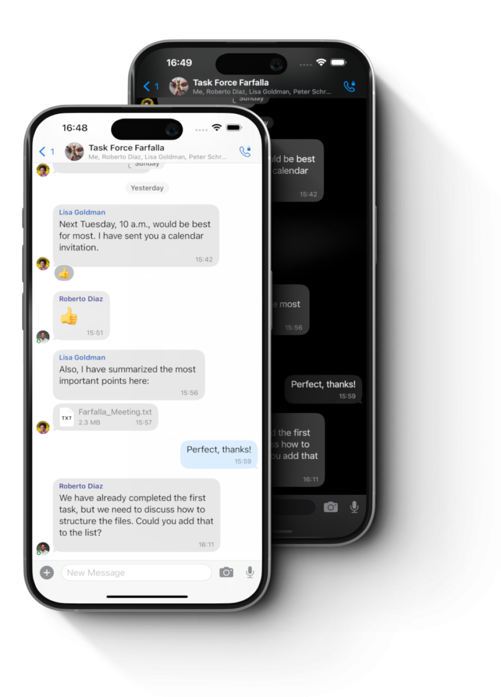 Smartphones with Threema Work chats in light and dark mode.