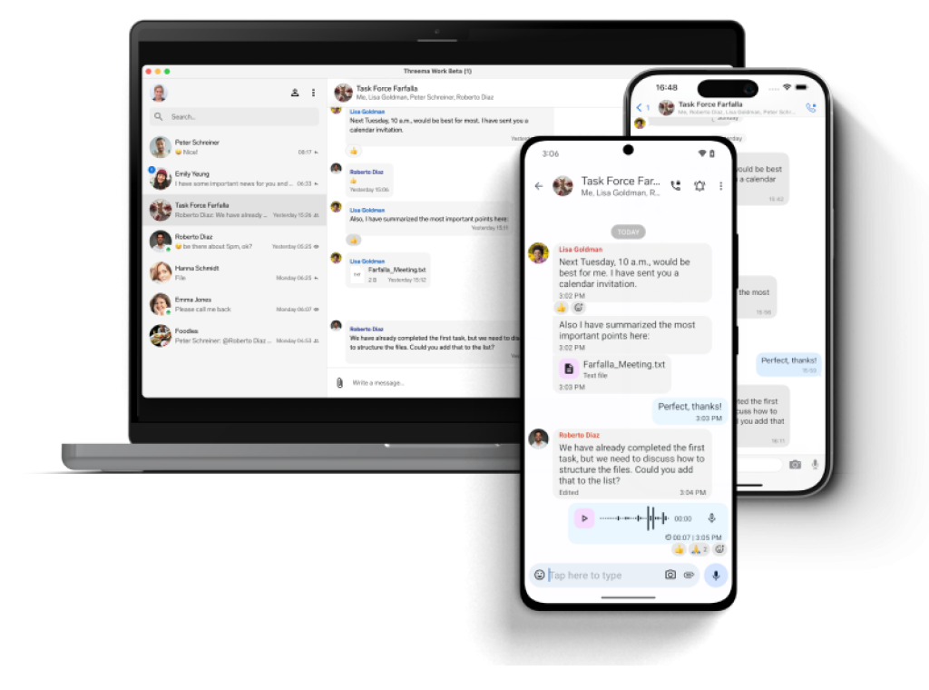 Threema Work chats synced on laptop and smartphones.