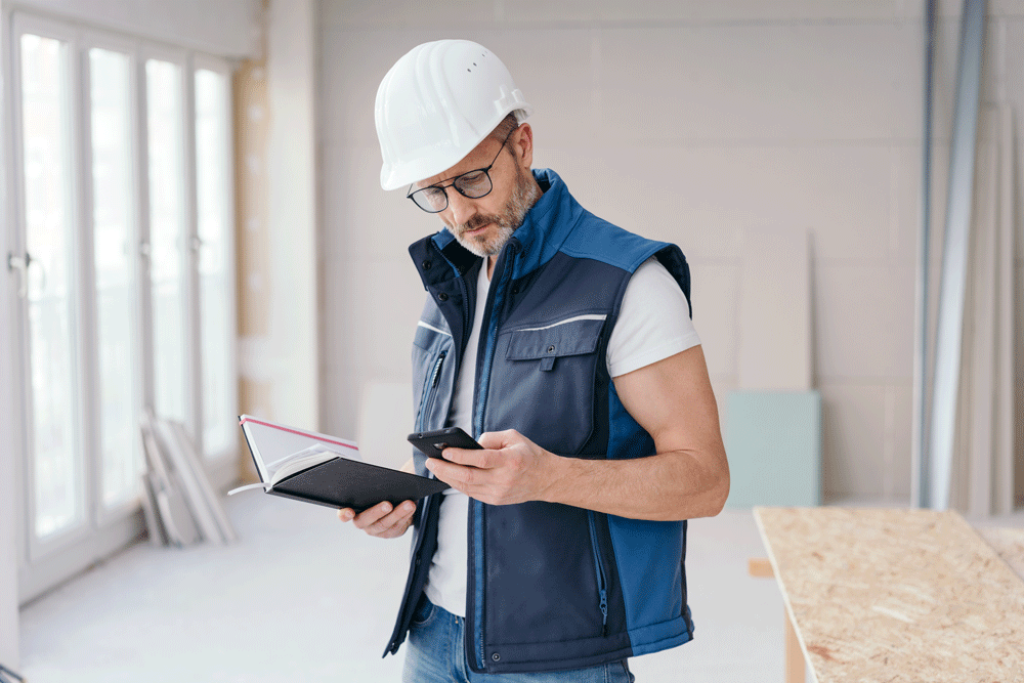 Artisan envoyant des messages avec un smartphone sur un chantier de construction.