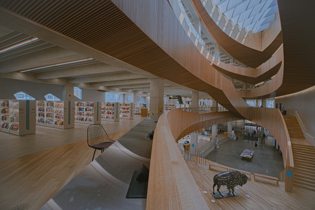 Wide public library with stairs.