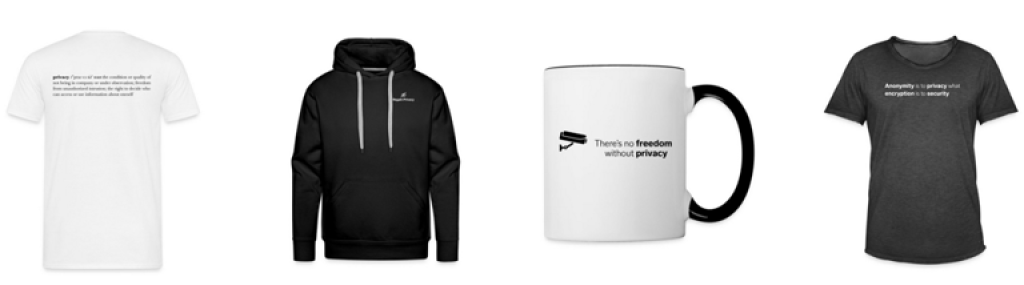 Threema merch consisting of two shirts, a hoodie and a mug.