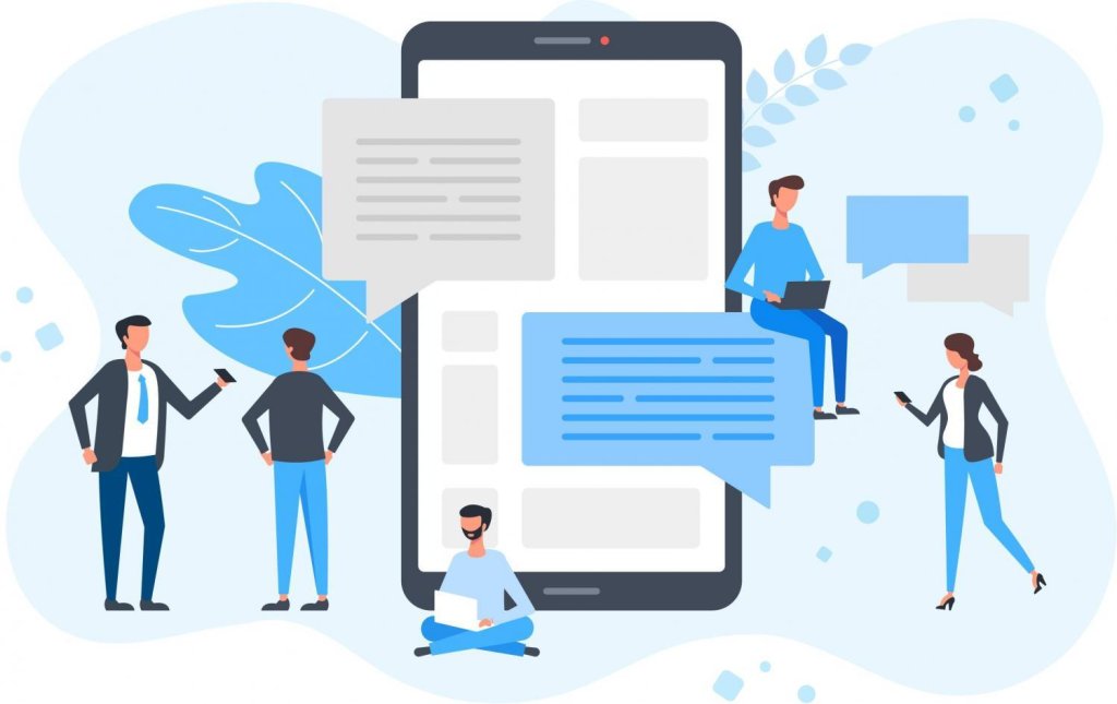 Illustration of people around a large smartphone sending messages and collaborating online.