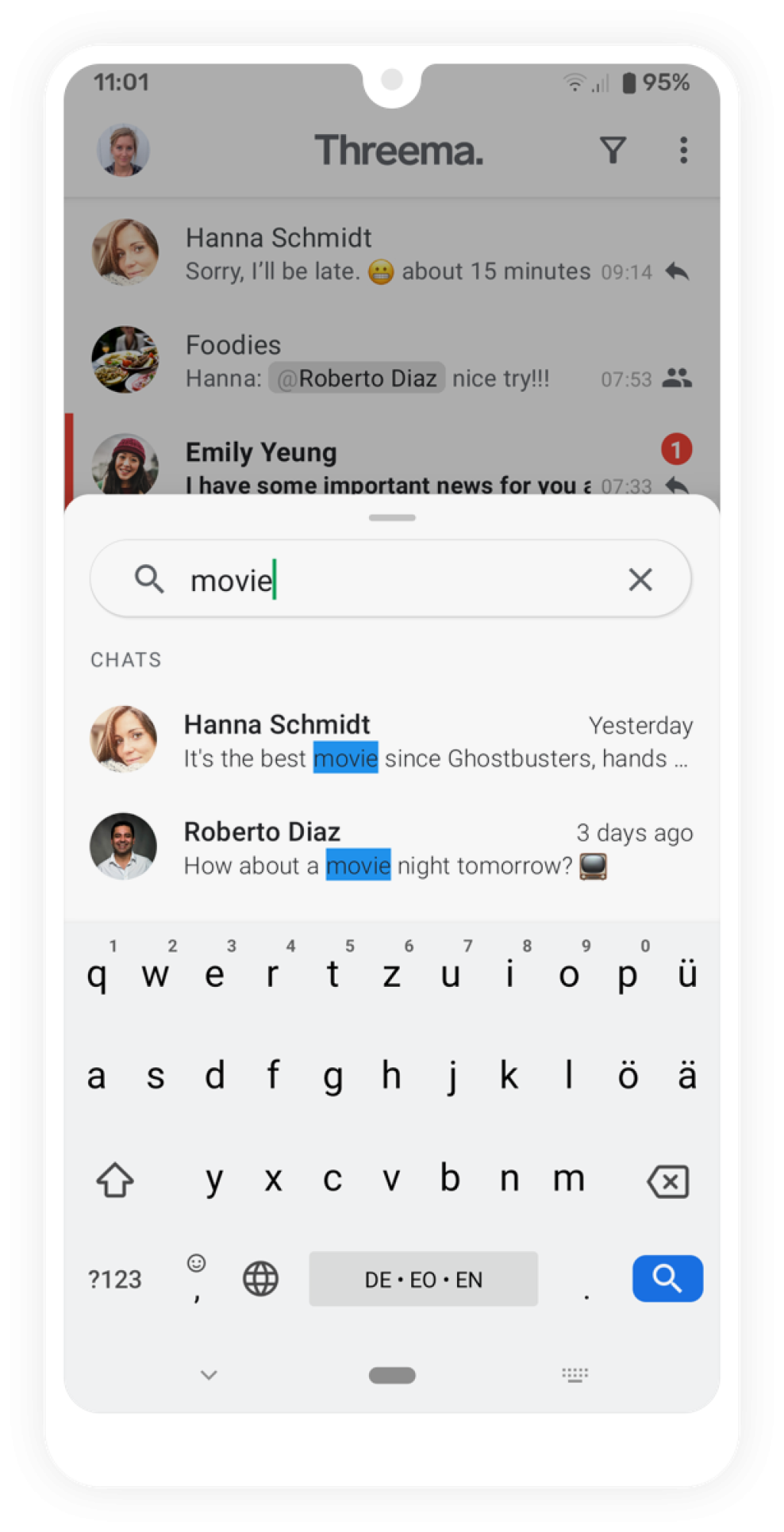 Threema app showing search 'movie', chat results for Hanna Schmidt & Roberto Diaz, plus German QWERTZ keyboard.
