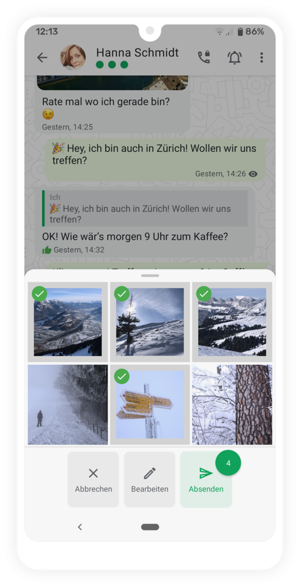Smartphone-Screenshot mit Gespr&auml;ch mit Hanna Schmidt und Auswahl verschneiter Berglandschaftsbilder im Fotow&auml;hler.