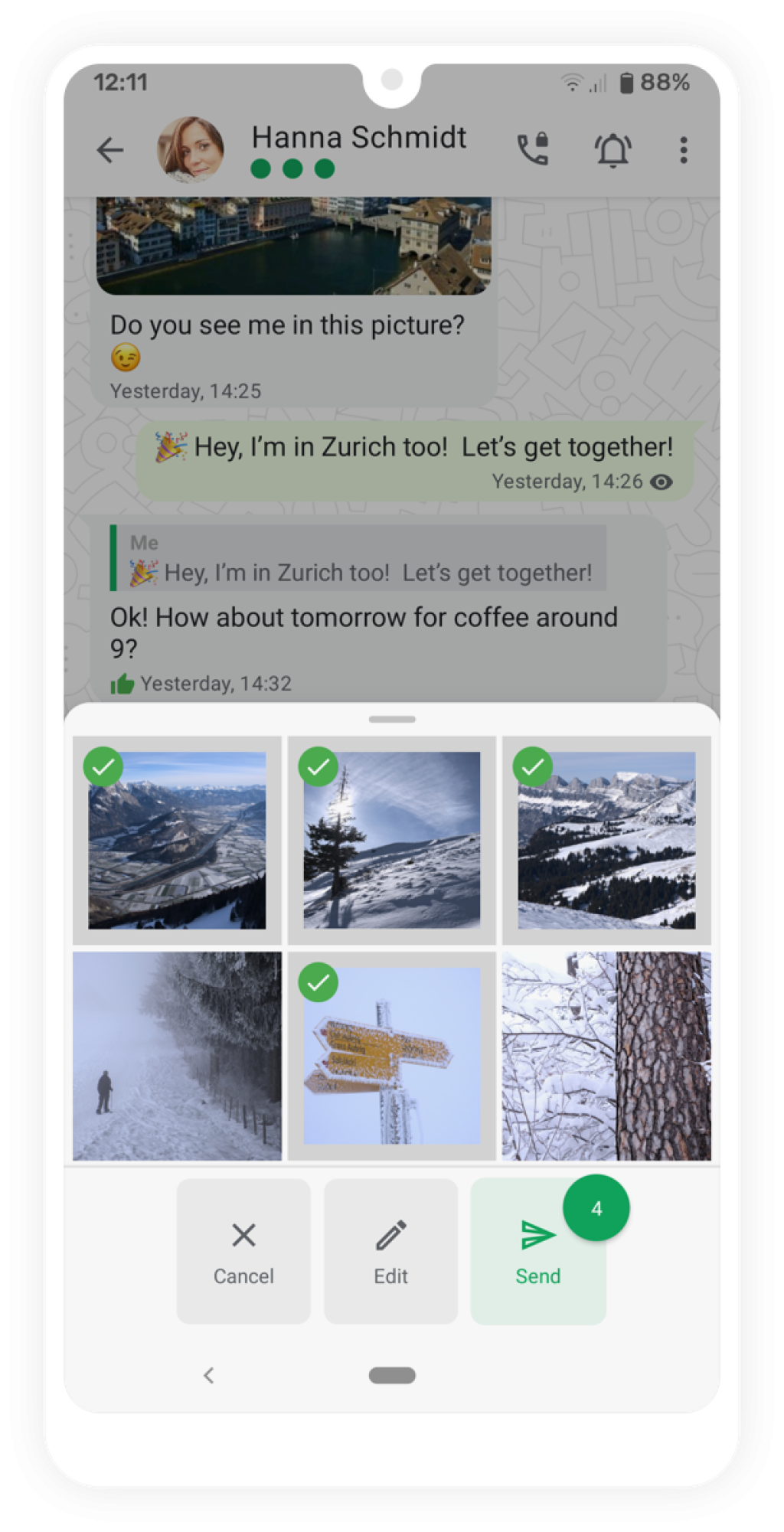 Smartphone chat with Hanna Schmidt about Zurich, showing six winter landscape photos with four selected for sending.