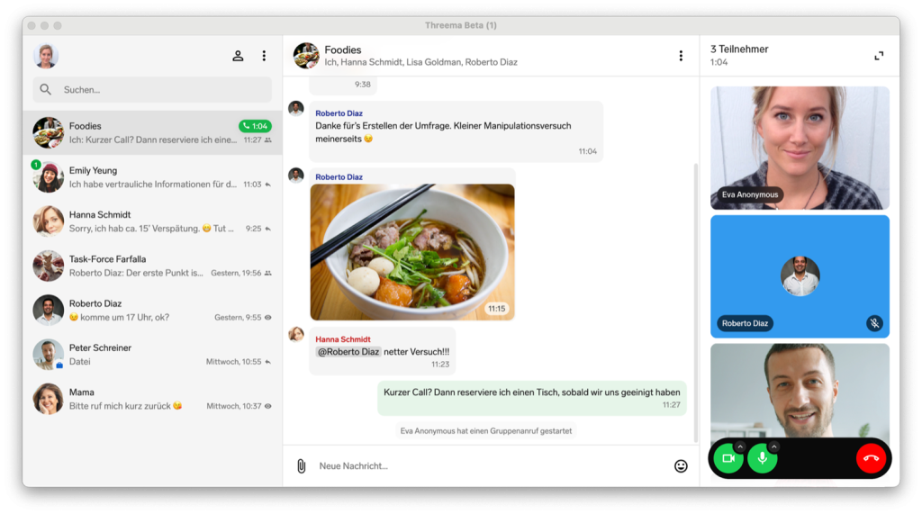 Chat-App zeigt Gruppenchat Foodies, Textnachrichten, Foto von Nudelsuppe und aktive Videokonferenz mit drei Teilnehmern.