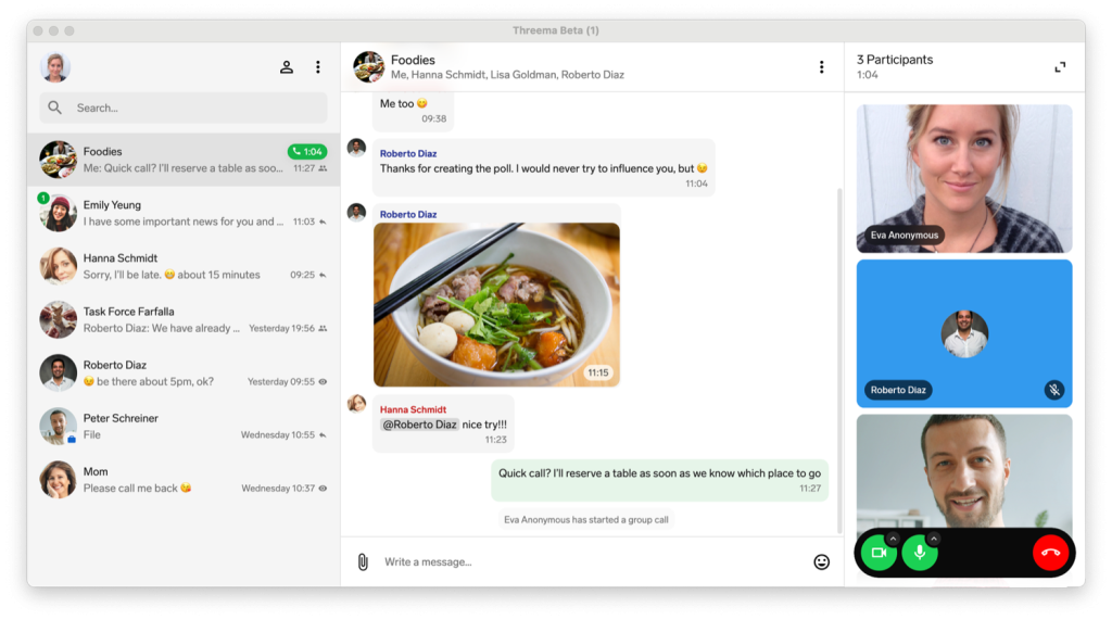 Desktop chat app showing 'Foodies' group chat, noodle soup image, message thread and active video call.