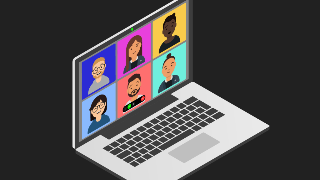 Laptop displaying six participants in a colorful video conference grid.