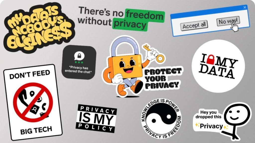 Sammlung von Datenschutz-Aufklebern mit Slogans, Symbolen und einer Cartoon-Padlocke auf hellgrauem Hintergrund.