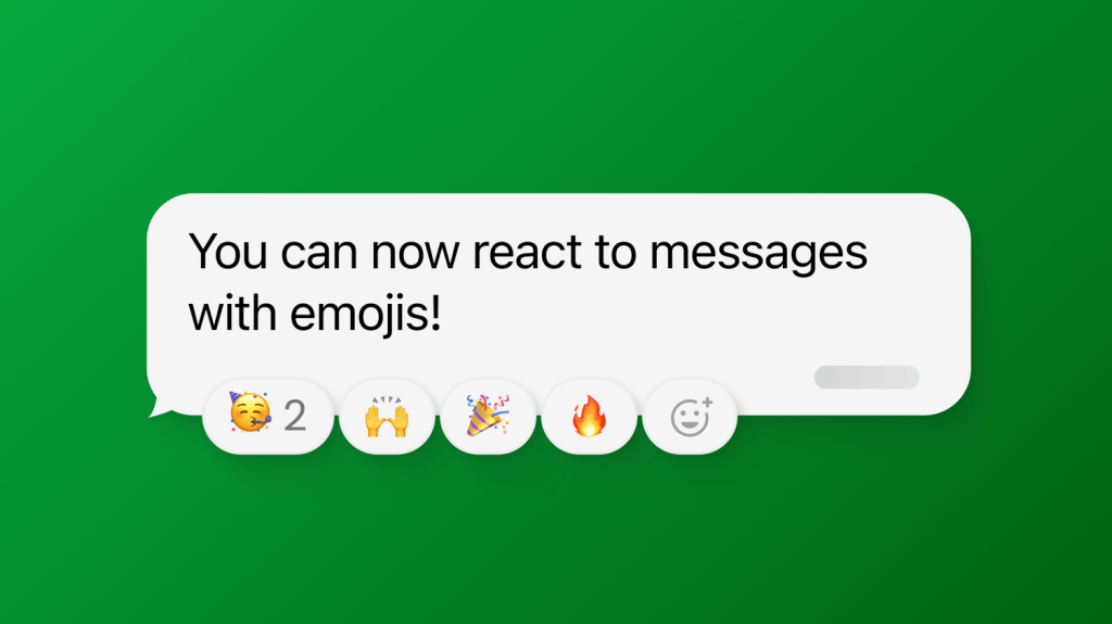 Green background with a speech bubble reading 'You can now react to messages with emojis!' and five emoji reactions below.