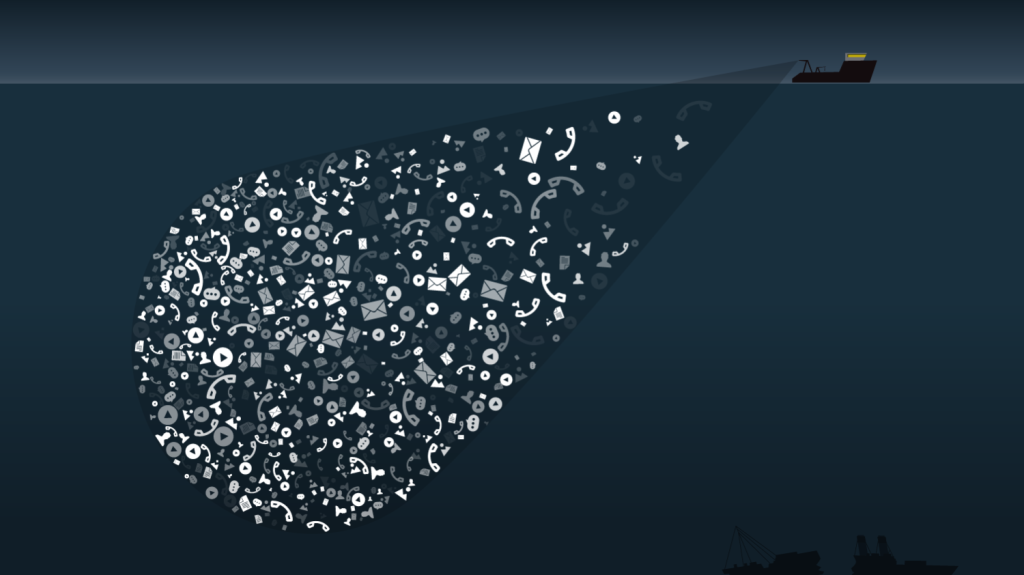 Silhouette of a ship at night shining a beam filled with floating phone, email, and chat icons underwater.
