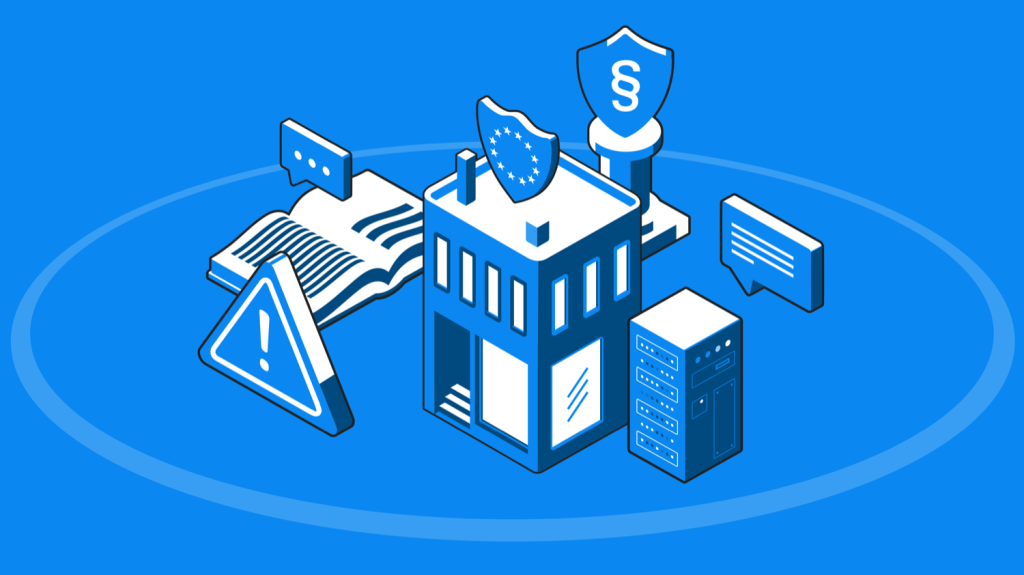 Isometric illustration of a storefront with GDPR shield, legal icon, warning sign, chat bubbles and server.