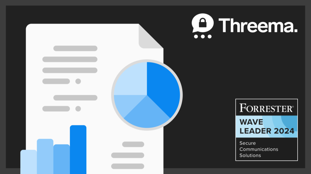 Threema logo next to a document showing pie and bar charts on dark background with Forrester Wave Leader 2024 badge.