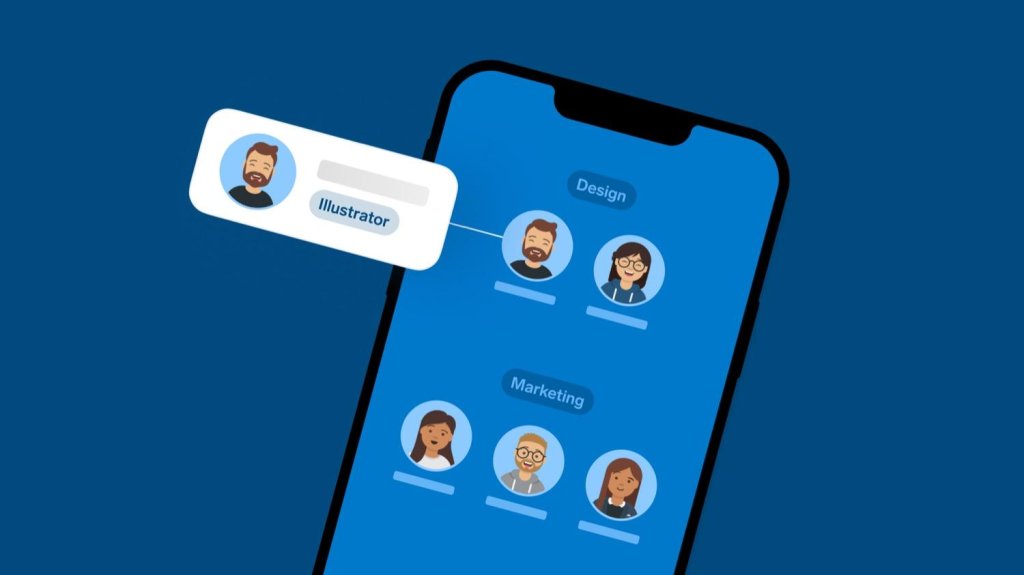 Smartphone-Bildschirm mit Team-Avataren unter &lsquo;Design&rsquo; und &lsquo;Marketing&rsquo;, Pop-up hebt Illustrator hervor.