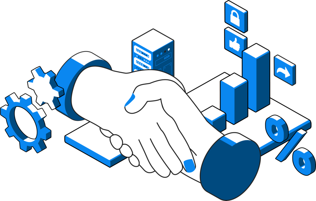 Handshake above stylized bar charts, gears, a server tower, and icons for security, approval and growth.