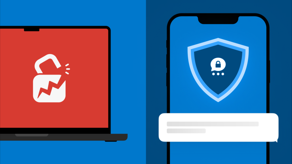Laptop mit rotem Bildschirm und gebrochenem, offenem Schloss neben Smartphone mit Schild-, Schloss-Icon und Chat-Blase.