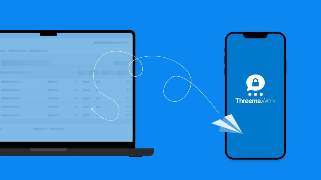 Illustration of secure Threema.Work messaging: data sent from laptop to smartphone by paper plane.