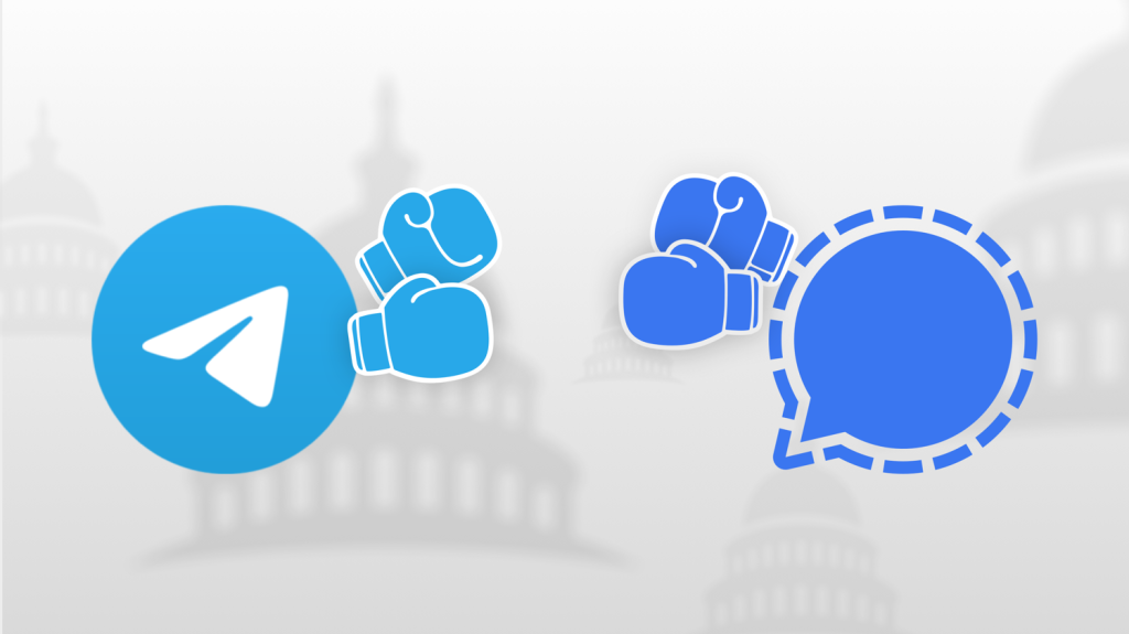 Blaue Boxhandschuhe zwischen Telegram-Icon und gestricheltem Signal-Sprechblasensymbol vor hellem Hintergrund.