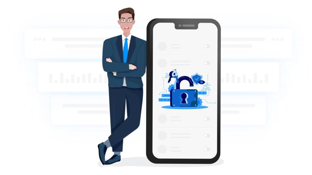 Businessman in suit standing next to smartphone screen displaying open padlock icon with key and security shield.