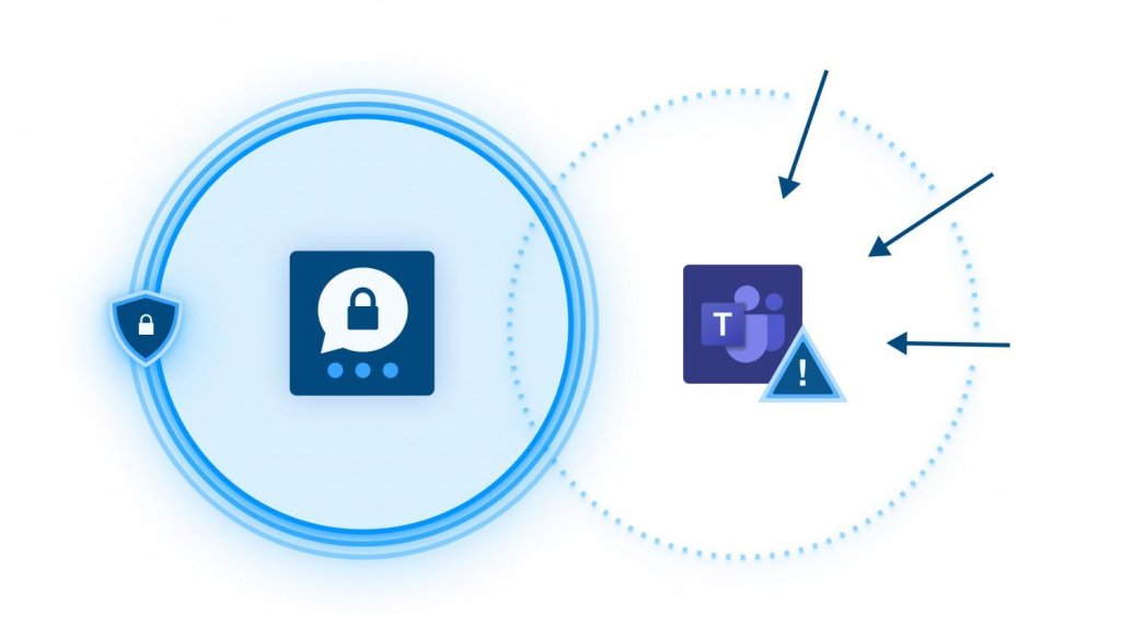 Grafik mit verschl&uuml;sseltem Chat-Symbol in gesichertem Kreis getrennt vom Microsoft Teams-Symbol mit Warnsymbol.