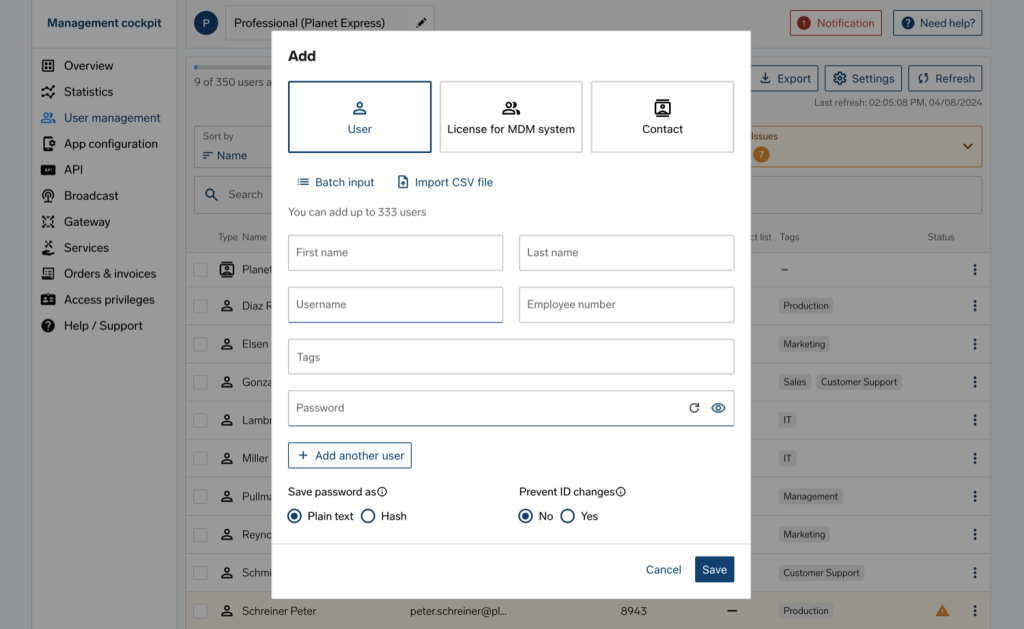 User management 'Add' dialog with tabs for User, MDM license, Contact and fields for name, username, tags, password.