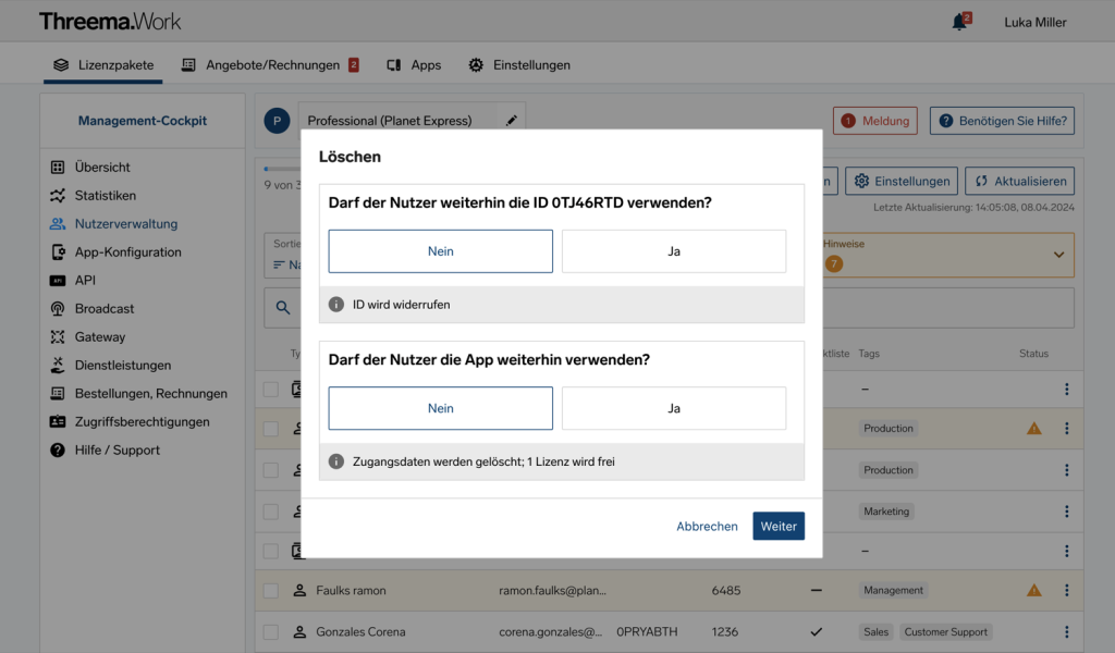 Dialogfenster 'L&ouml;schen' fragt, ob Nutzer-ID und App-Zugriff widerrufen werden; bietet Ja/Nein, Abbrechen und Weiter.
