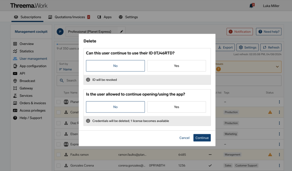 Modal 'Delete' dialog asking if user ID 0TJ46RTD can keep using their ID and app, with Yes/No and Cancel/Continue.