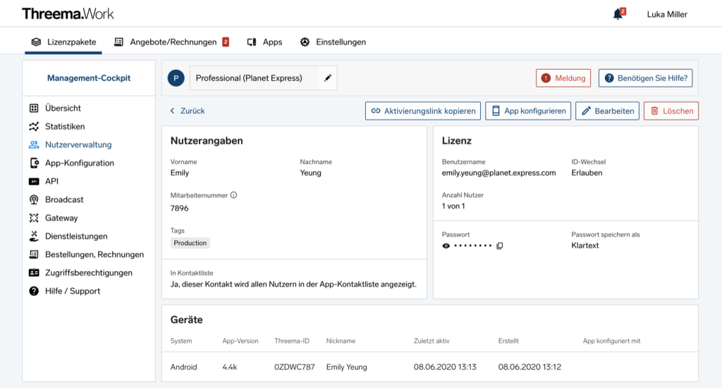 Screenshot des Threema.Work Management-Cockpits mit Nutzer Emily Yeung, Lizenzdaten und Ger&auml;te&uuml;bersicht.