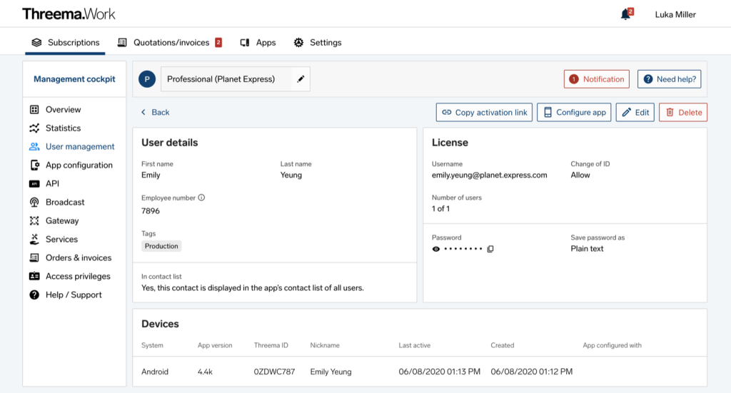 Screenshot of Threema.Work user management UI showing details for Emily Yeung and license info.