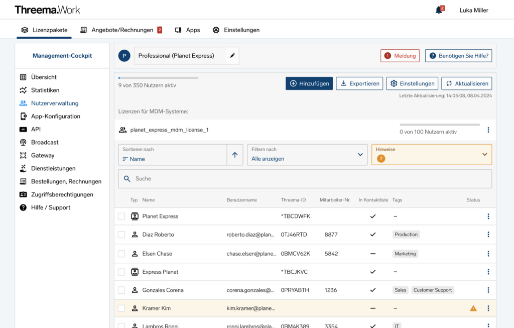 Screenshot des Threema Work Management-Cockpits mit Nutzerverwaltung, Lizenznutzung und einer Liste der Benutzer.