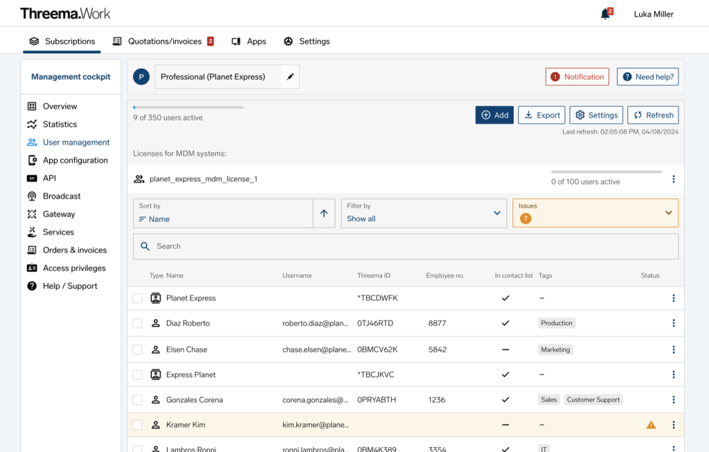 Threema.Work user management with subscriptions menu, navigation and table of users showing status and tags.