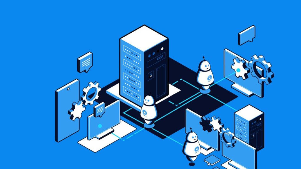 Isometric graphic of a central server linked to monitors by robot icons and interlocking gear symbols.