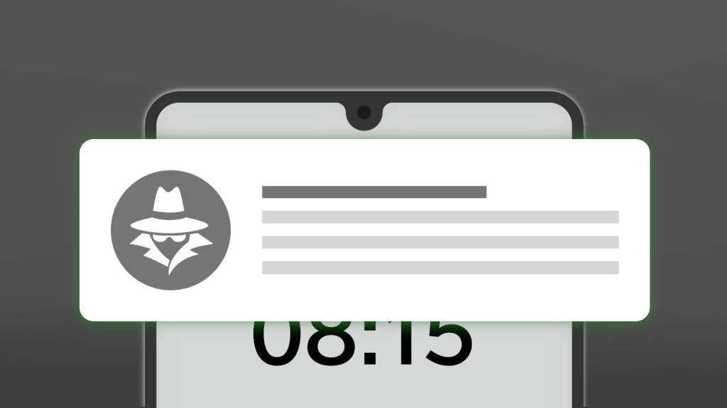 Smartphone-Sperrbildschirm um 08:15, wei&szlig;es Banner mit Inkognito-Symbol und Platzhaltertext auf grauem Hintergrund.