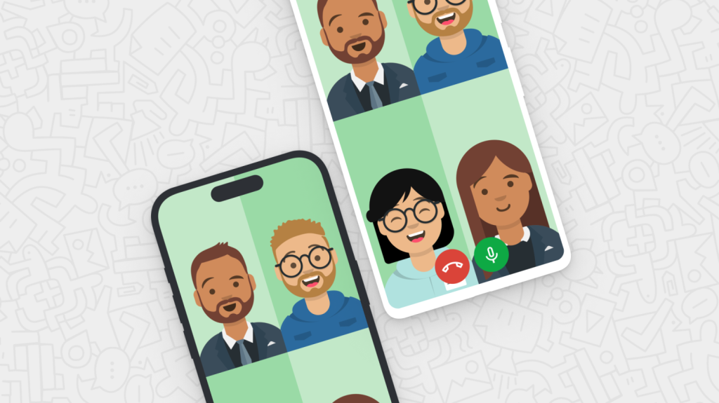 Two angled smartphones display a four-person video call with diverse cartoon avatars.