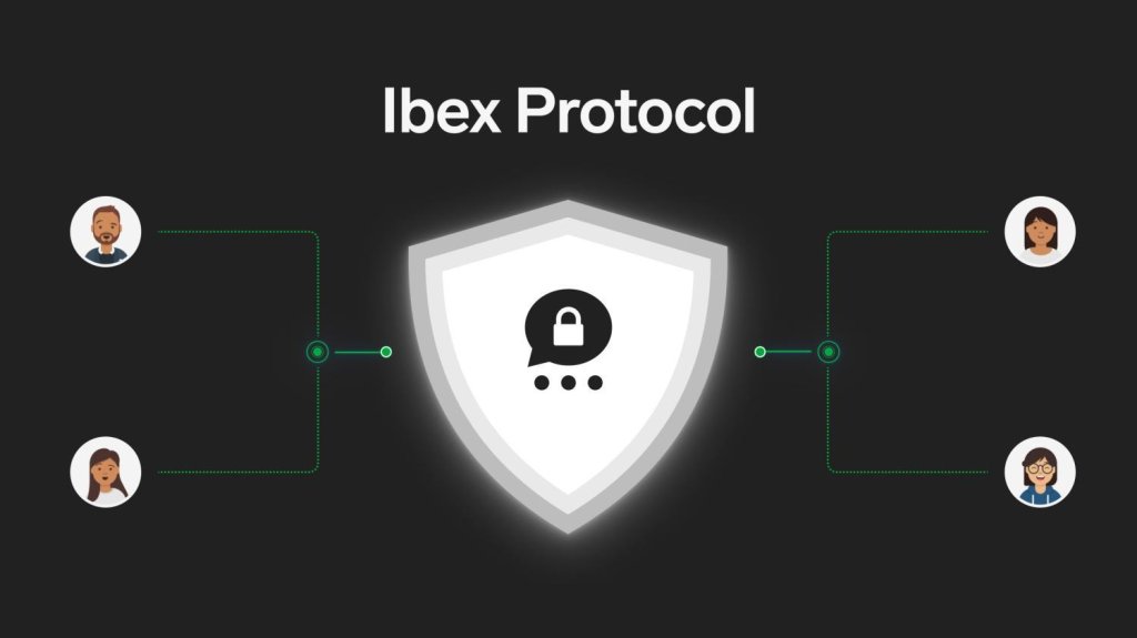 Vector illustration of the Ibex Protocol: central glowing shield with padlock chat icon connected to four user avatars.