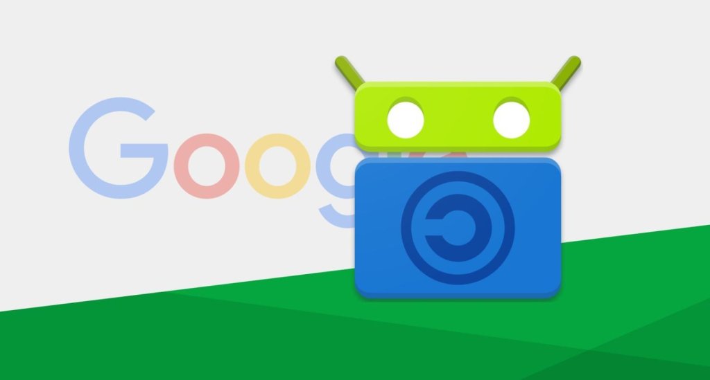 Green Android head icon on blue camera body with circular lens, set over Google logo on white and green background.