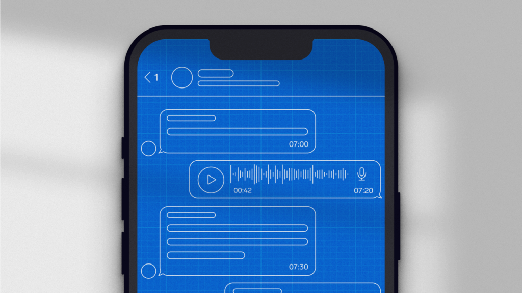 Front view of smartphone displaying blueprint-style chat interface with text bubbles and audio waveforms.
